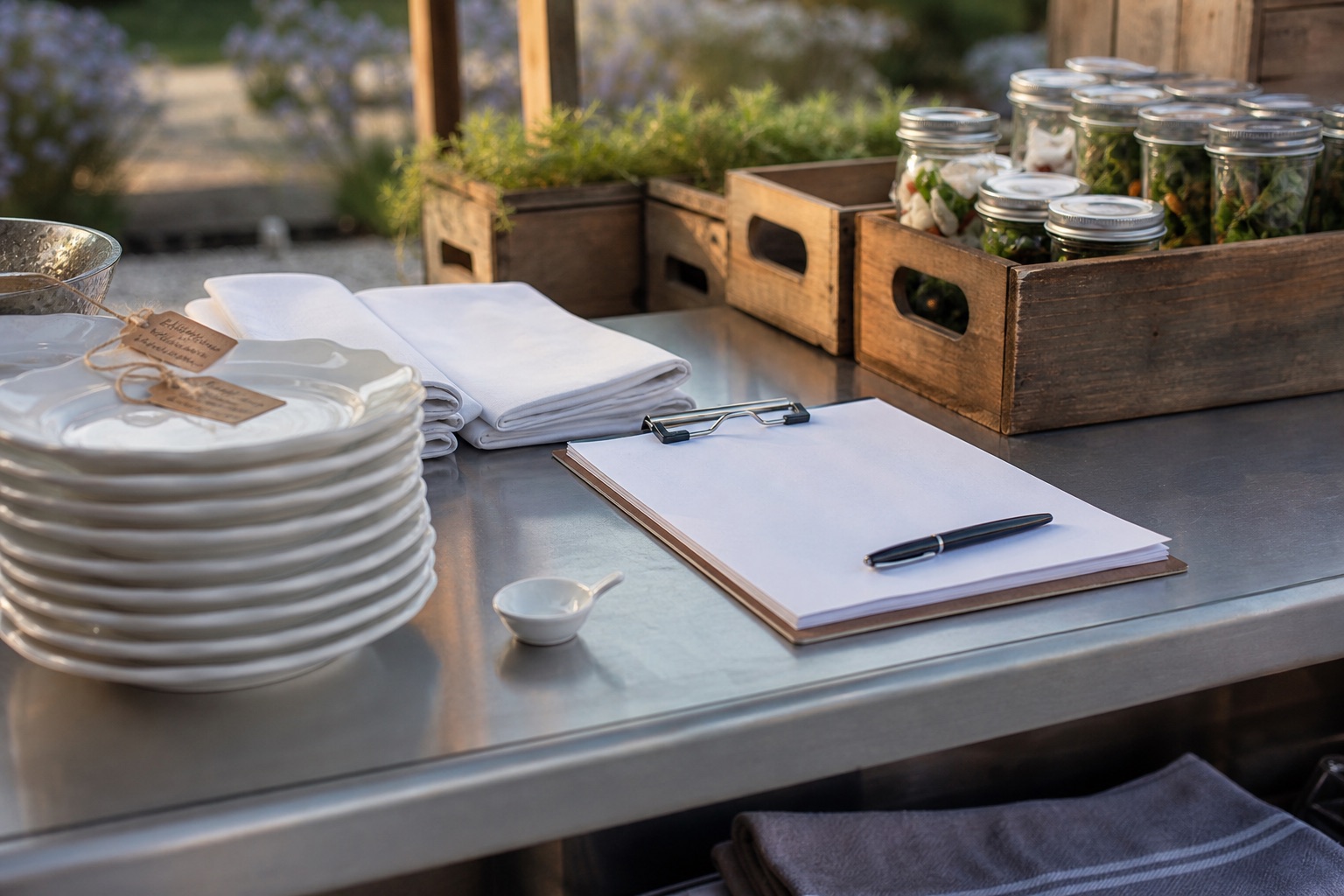 A caterer's staging counter at first light: stacked platters, folded white linens, a tasting spoon and crates of glass jars