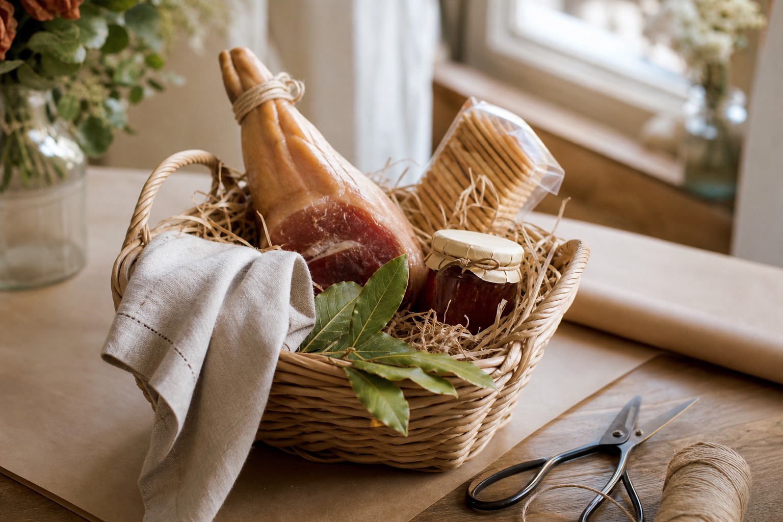 A gourmet gift basket mid-build on a kraft-dressed worktable: a small cured ham as anchor, crackers, a preserve jar, a linen napkin and a bay sprig waiting to finish