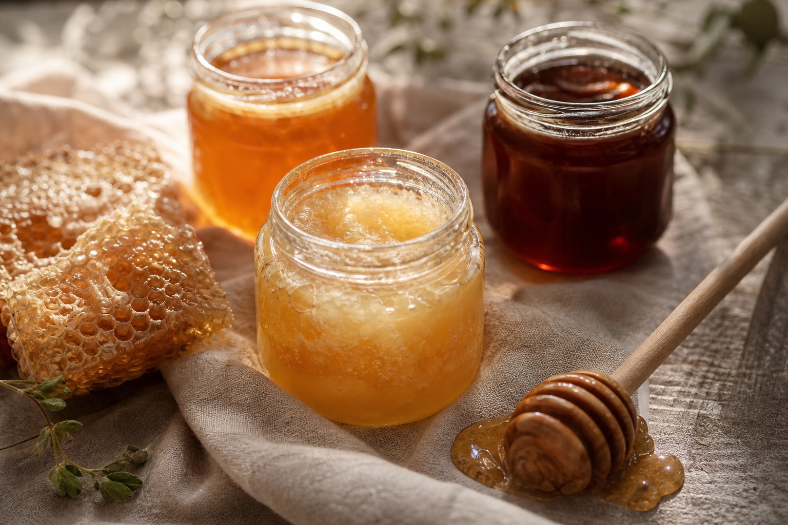 Three honey jars from pale amber to dark buckwheat, one visibly crystallized, with a wooden dipper resting on linen and a fragment of honeycomb